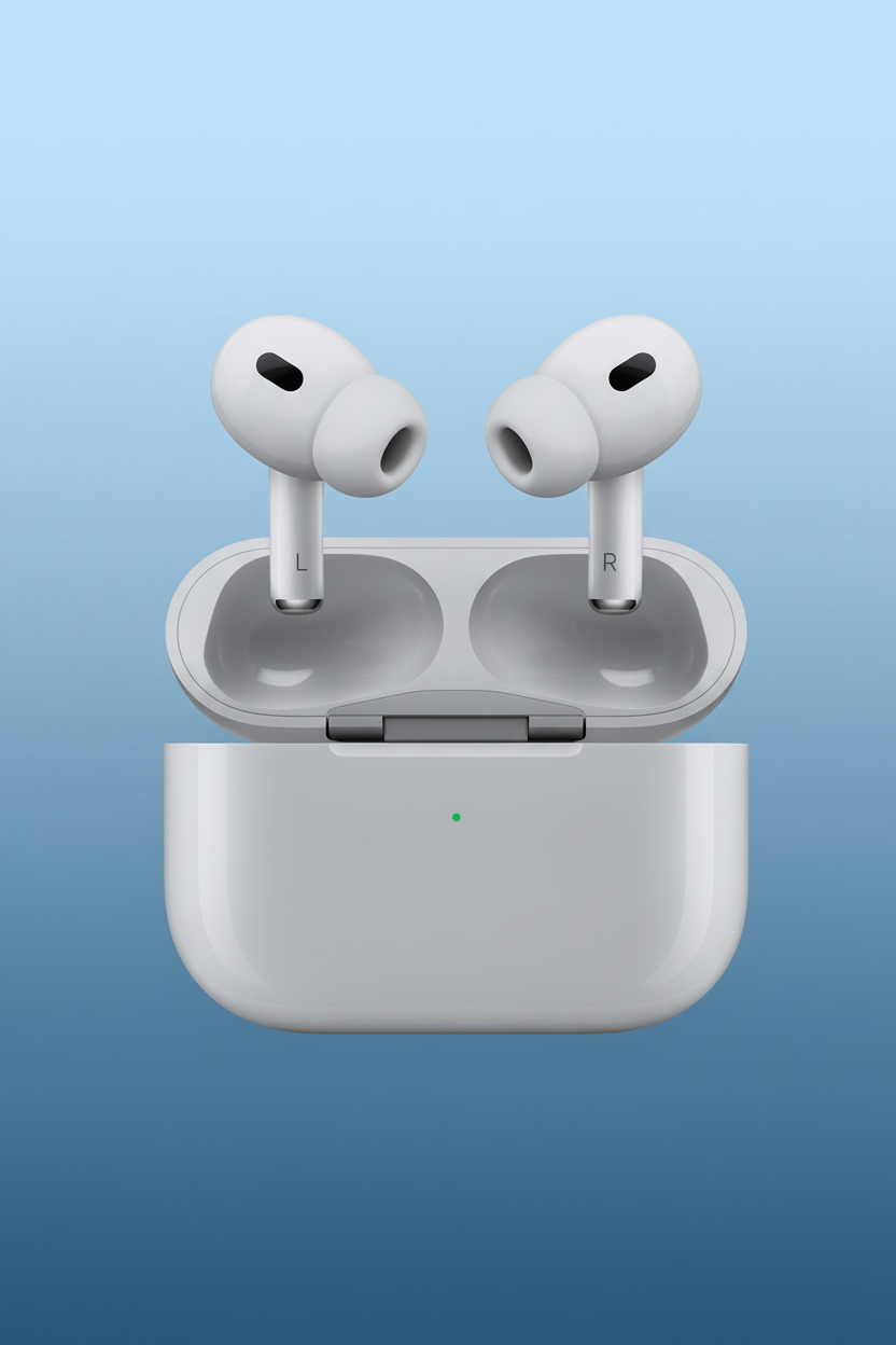Earbuds blancos fondo azul